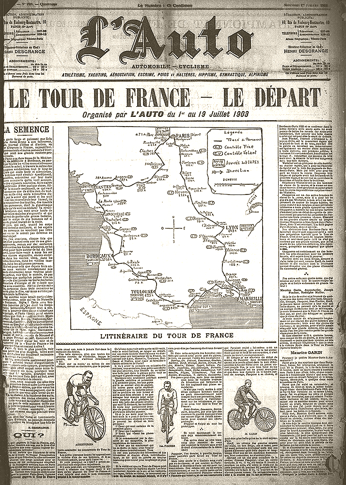 1903 newspaper of the tour de France route and riders 1903 newspaper of the tour de france route